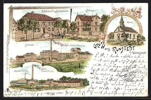 Lithographie Runstedt b. Helmstedt, Gasthaus v. Schliephake, Schacht u. Brikett-Fabrik Treue III