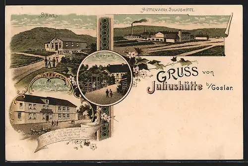 Lithographie Langelsheim, Gasthaus Herzog Juliushütte am Bahnhof, Garten, Hüttenwerk Juliushütte