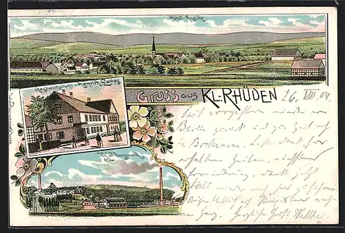 Lithographie Kl.-Rhüden, Gasthaus von Heinrich Lawes, Kalibergwerk, Totalansicht