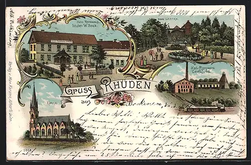 Lithographie Rhüden, Kali-Bergwerk Carisfund, Hotel Rathaus & Bocks Garten