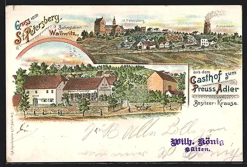 Lithographie Wallwitz, Gasthaus zum Preussischen Adler, St. Petersberg mit Bismarcksäule