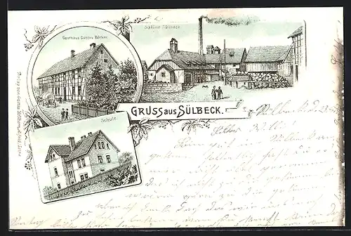 Lithographie Sülbeck, Gasthaus Gustav Böcker, Saline Sülbeck, Schule