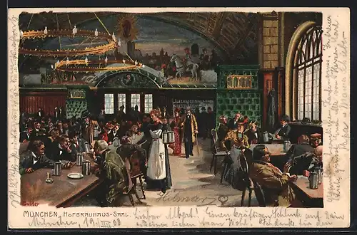 Künstler-Lithographie Paul Hey: München, Gasthof Münchner Hofbräuhaus, Hofbräuhaus-Saal