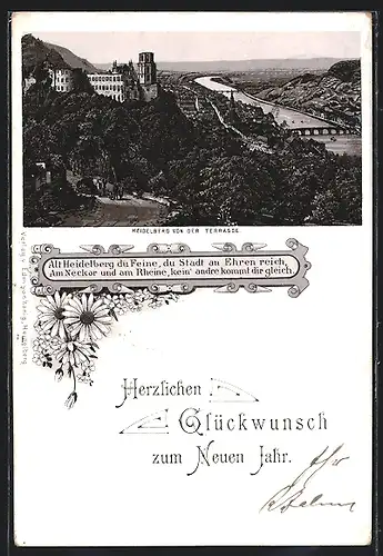 Vorläufer-Lithographie Heidelberg, 1895, Panorama von der Terrasse aus, Neujahrsgruss