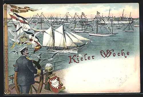AK Kiel, Kieler Woche, Seemann am Steuer eines Schiffes, Segelboote in Fahrt, Segelsport