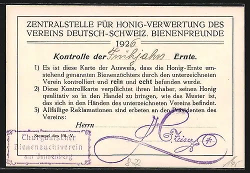 Künstler-AK Verein deutsch-schweiz. Bienenfreunde, Honig-Kontrollkarte, Ortspartie