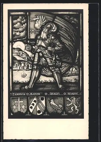Künstler-AK Gstaad, St. Niklaus-Kapelle, Ritter in Rüstung, Wappen