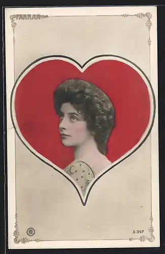 AK Damenportrait im Herz-Rahmen, Kartenspiel