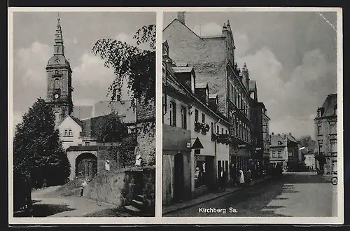 AK Kirchberg /Sa., Strassenpartie, Ortspartie mit Kirche
