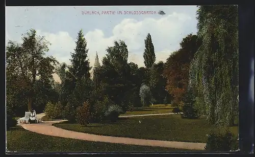 AK Durlach, Schlossgarten mit Kirchturmspitze