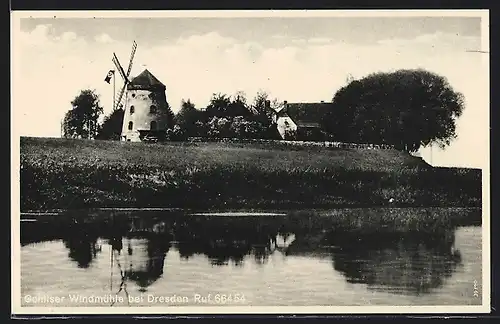 AK Dresden, Gohliser Windmühle vom Wasser aus