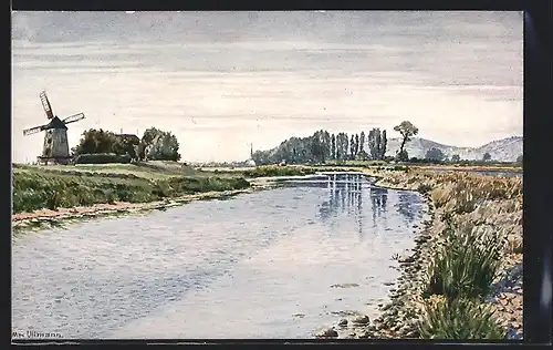 Künstler-AK Dresden, Gohliser Windmühle, Flusspartie