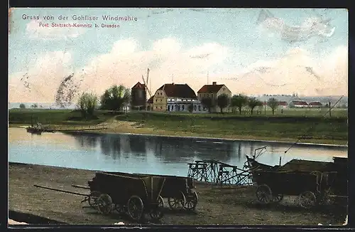 AK Dresden, Gohliser Windmühle mit Wagen am Ufer
