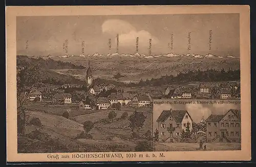 Künstler-AK Höchenschwand, Gasthof u. Metzgerei z. Krone v. A. Weissenberger, Ortsansicht