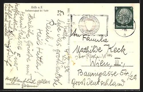 AK Halle a. S., Rathauseingang bei Nacht