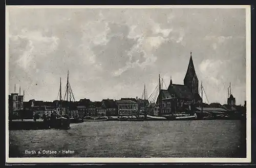 AK Barth a. Ostsee, Hafen mit Kirche