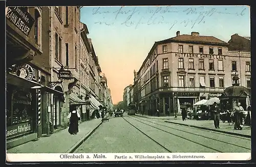 AK Offenbach a. Main, Wilhelmsplatz und Biebererstrasse mit Geschäften