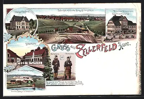 Lithographie Zellerfeld a. Harz, Hotel zum Kronprinzen, Kaiserliches Postamt, Silberhütte