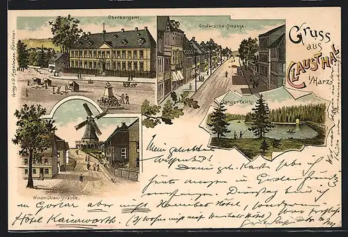 Lithographie Clausthal i. Harz, Oberbergamt, Windmühlen-Strasse, Langer-Teich