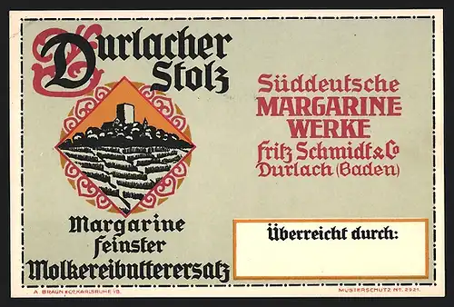 Künstler-AK Durlach /Baden, Süddeutsche Margarine-Werke Fritz Schmidt & Co., Ortspartie, Reklame