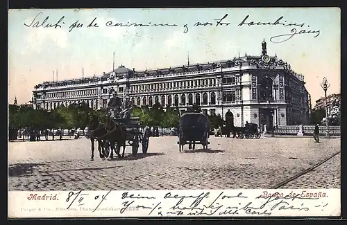 AK Madrid, Banco de Espana, Pferdekutschen