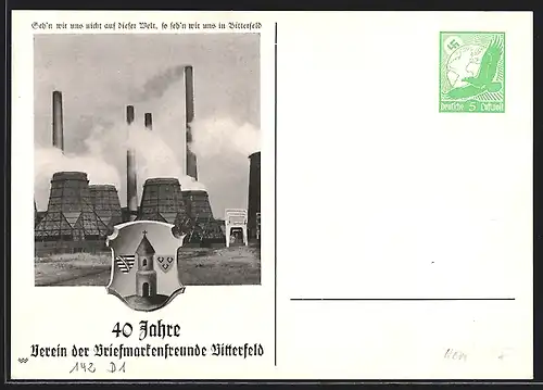 AK Bitterfeld, 40 Jahre Verein der Briefmarktenfreunde, Fabrikgelände, Wappen, Ganzsache