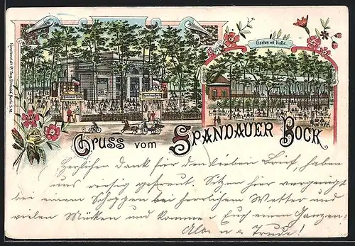 Lithographie Berlin-Charlottenburg-Westend, Gasthaus Spandauer Bock, Gebäude, Garten mit Halle