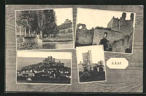 AK Rábi, Brücke, Ansichten der Ruine, Ortsansicht