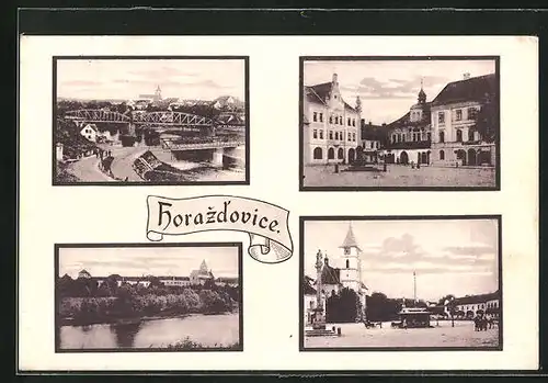 AK Horazdovice, Markt mit Kirche und Mariensäule, Brücke