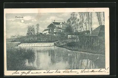 Mondschein-AK Prestice, Gebäude am Wasser