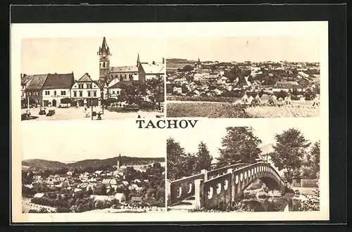 AK Tachov, Teilansicht, Brücke, Ortspartie