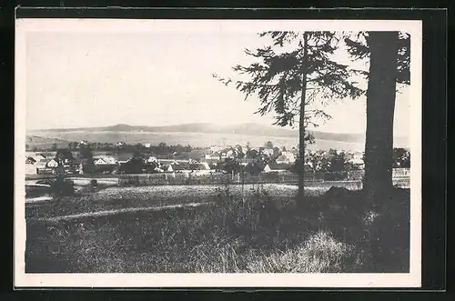 AK Karez u Zbiroha, Waldpartie mit Teilansicht vom Ort