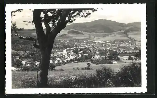 AK Susice na Sumave, Ortspartie mit Bergen im Hintergrund
