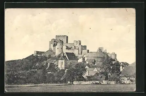 AK Rábi, Teilansicht mit Kirche und Burgruine