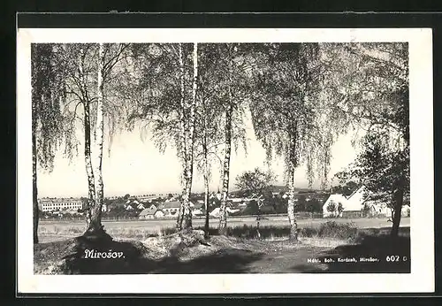 AK Mirosov, Feldwegpartie mit Blick zum Ort im Sonnenschein