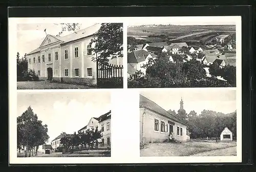 AK Budislav, Ortsansicht, Ortspartie mit Blick zur Kirche, Gebäudeansicht