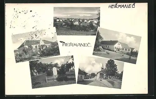 AK Hermanec, Gebäudeansicht, Gedenkstein, Ortspartie