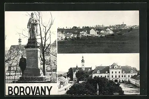 AK Borovany, Kriegerdenkmal mit Passanten, Perspektive aus der Vogelschau, Teilansicht vom Ort