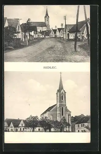 AK Sedlec, Blick in eine Strasse, Kirche