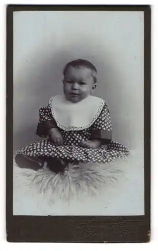 Fotografie Herm. Kluge, Unna i / W., Portrait niedliches Kleinkind im gepunkteten Kleid auf Fell sitzend