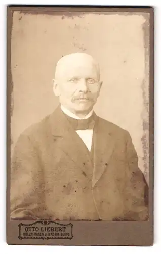 Fotografie Otto Liebert, Holzminden, Portrait älterer Herr im Anzug mit Fliege und Schnurrbart