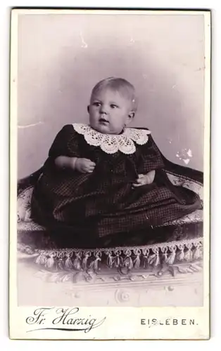 Fotografie Fr. Harzig, Eisleben, Portrait niedliches Kleinkind im karierten Kleid auf Sessel sitzend
