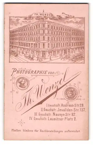 Fotografie Th. Wenzel, Berlin, Ansicht Berlin, Pferdebahn vor Geschäftshaus Grüner Weg Ecke Andreas-Strasse