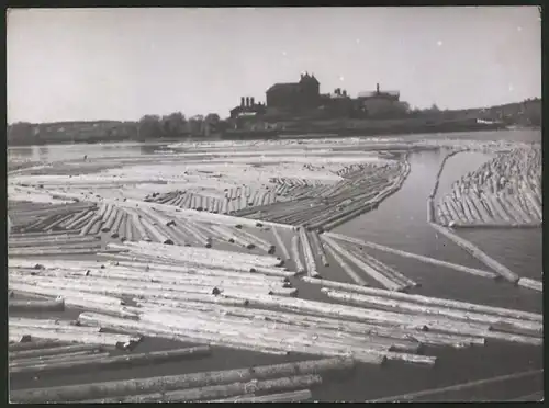 Fotografie Holzstoss auf einem Fluss, Flösser, Forstwirtschaft, Sägewerk