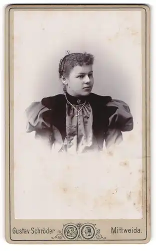 Fotografie Gustav Schröder, Mittweida, Portrait junge Dame im modischen Kleid mit Kreuzkette