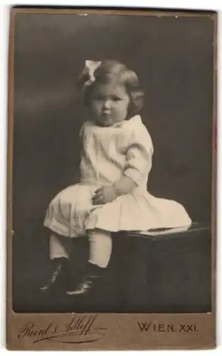 Fotografie Reinl & Adleff, Wien, Portrait kleines Mädchen im hübschen Kleid auf Tisch sitzend