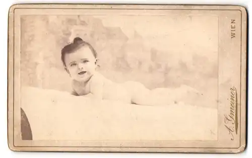 Fotografie Aug. Gmeiner, Wien, Portrait nackiges Baby bäuchlings auf Decke liegend