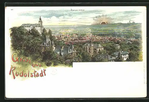 Lithographie Rudolstadt, Panorama mit güldener Sonne