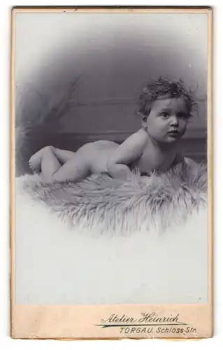 Fotografie Atelier Heinrich, Torgau, Portrait nackiges Baby bäuchlings auf Fell liegend