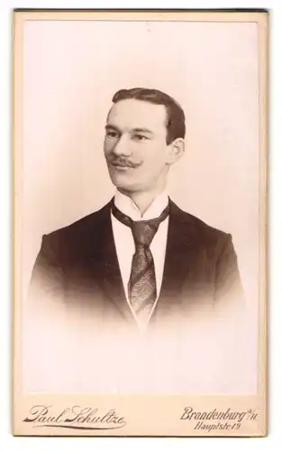 Fotografie Paul Schultze, Brandenburg a / H., Portrait junger Herr im Anzug mit Krawatte und Schnurrbart